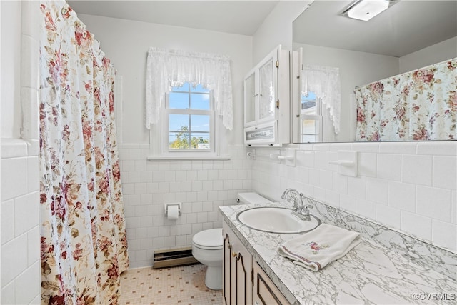 bathroom featuring vanity, a baseboard radiator, tile walls, toilet, and a shower with shower curtain