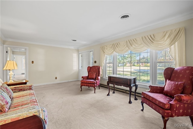 living area featuring ornamental molding and light colored carpet