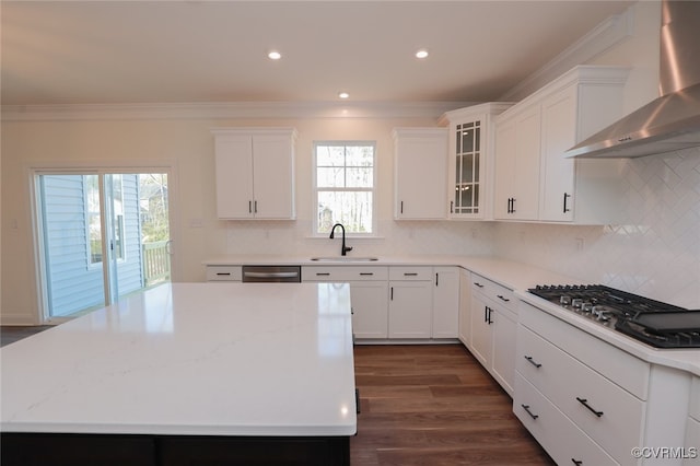 kitchen featuring appliances with stainless steel finishes, sink, wall chimney range hood, and plenty of natural light