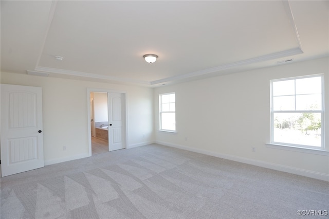 carpeted spare room featuring a raised ceiling and ornamental molding