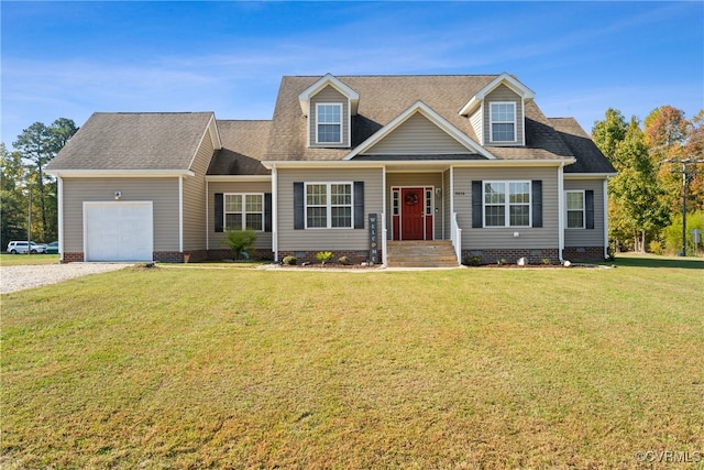 cape cod home featuring a front lawn and a garage