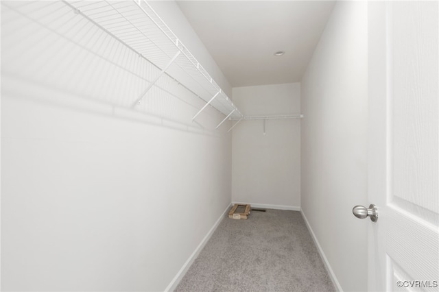 walk in closet featuring light colored carpet