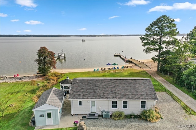 bird's eye view with a water view