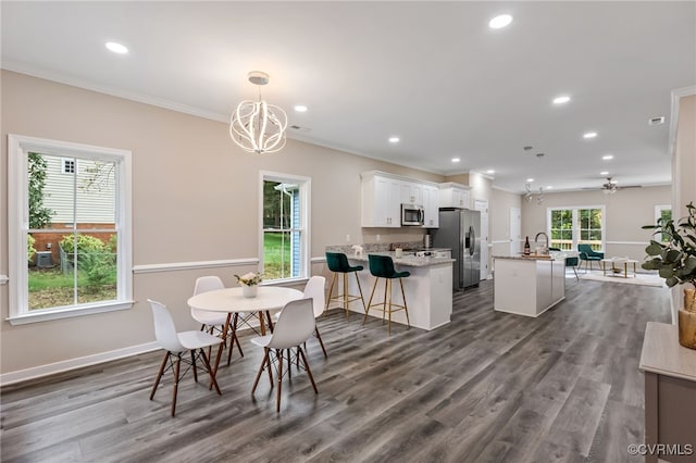 dining space with crown molding, ceiling fan, and dark wood-type flooring