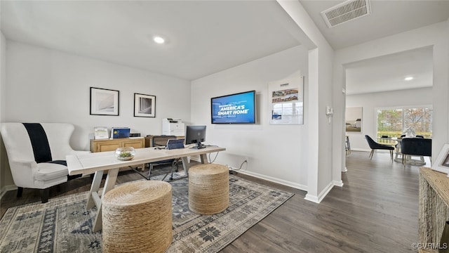 office area featuring dark wood-type flooring