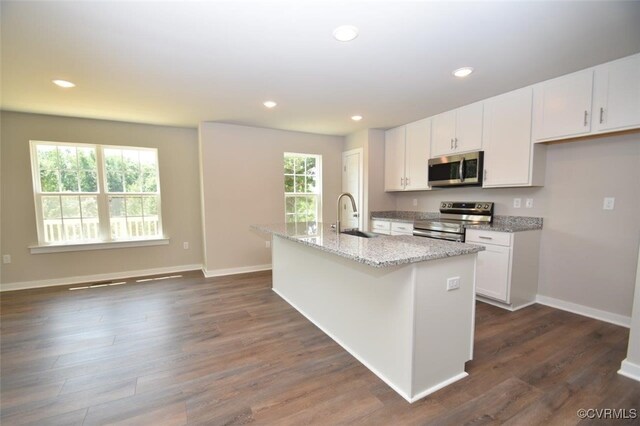 kitchen featuring a center island with sink, sink, stainless steel appliances, and plenty of natural light