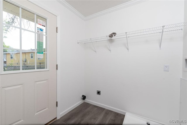 751 Jones St, Petersburg, VA 23803 - washroom with hookup for an electric dryer, ornamental molding, and dark wood-style flooring