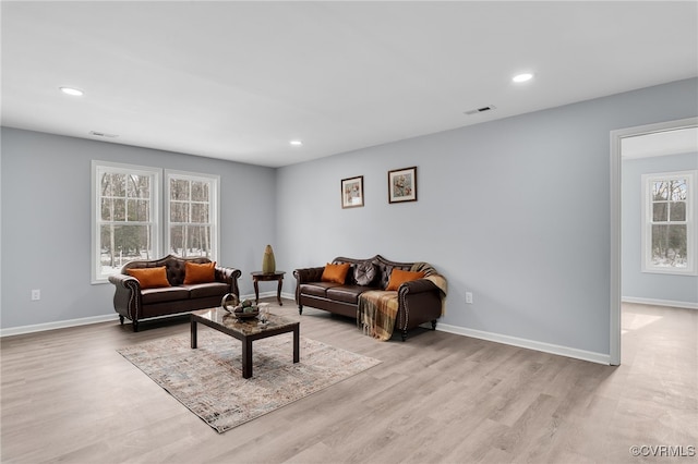 living room featuring light hardwood / wood-style floors and plenty of natural light