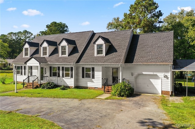 cape cod home featuring a porch, a front yard, and a garage