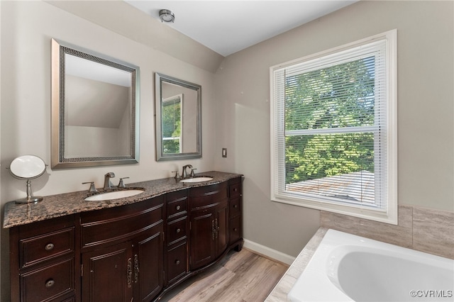 bathroom with wood-type flooring, vanity, plenty of natural light, and a tub