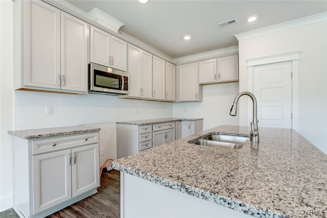 kitchen featuring light stone counters, dark hardwood / wood-style floors, tasteful backsplash, sink, and a center island with sink