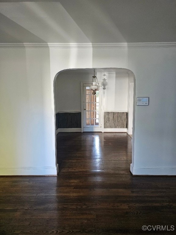 spare room with dark wood-type flooring and crown molding