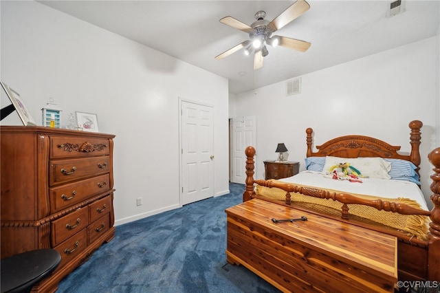 bedroom with ceiling fan and dark carpet