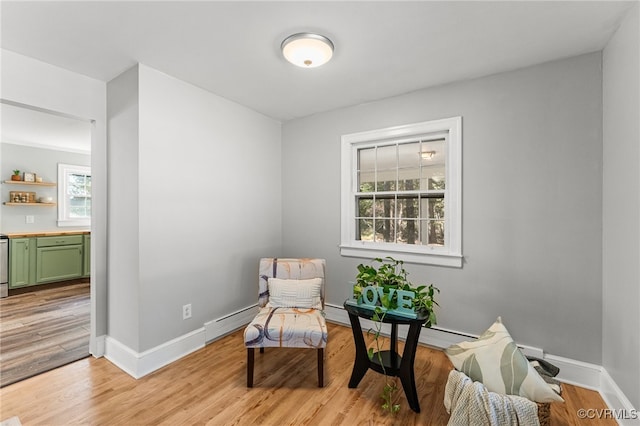 living area featuring light hardwood / wood-style floors, a baseboard radiator, and plenty of natural light