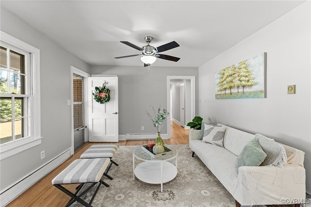 living room featuring hardwood / wood-style floors, baseboard heating, and ceiling fan