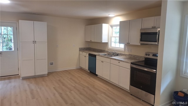 kitchen featuring light hardwood / wood-style floors, appliances with stainless steel finishes, sink, and white cabinetry