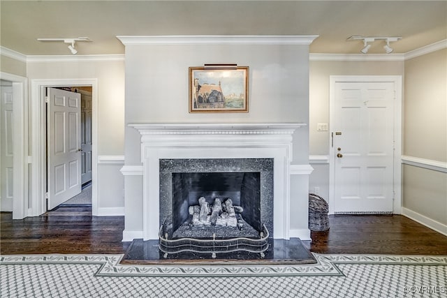 living room featuring dark wood-type flooring, ornamental molding, and track lighting