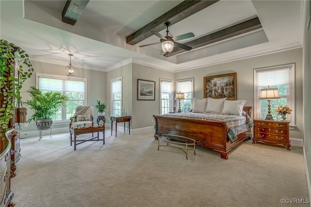 carpeted bedroom featuring crown molding, beam ceiling, multiple windows, and ceiling fan