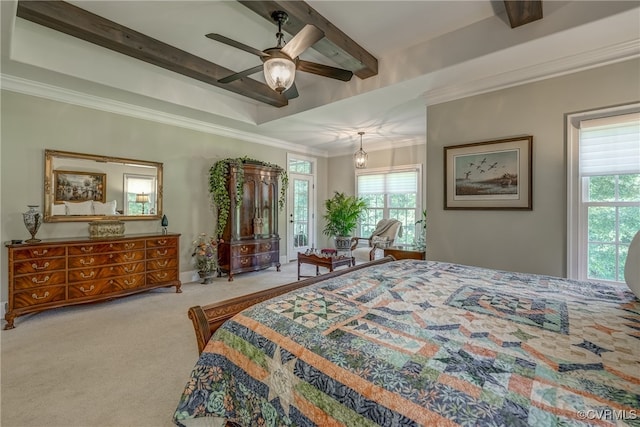 bedroom featuring carpet floors, crown molding, beam ceiling, and ceiling fan