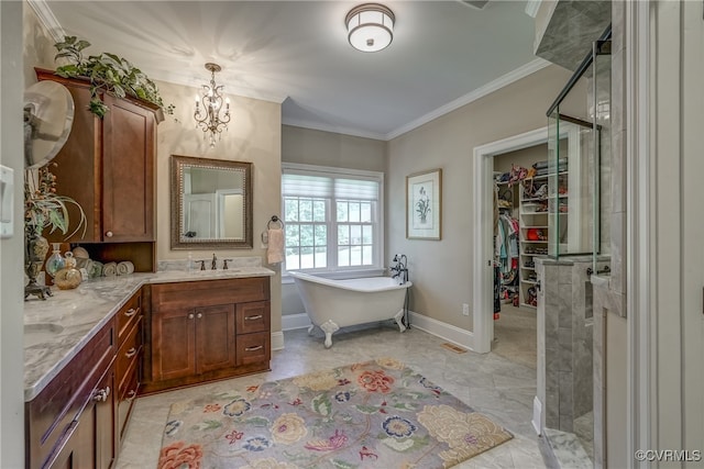 bathroom featuring a notable chandelier, crown molding, separate shower and tub, and vanity