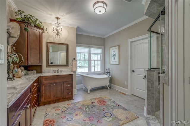 bathroom with plus walk in shower, ornamental molding, an inviting chandelier, and vanity