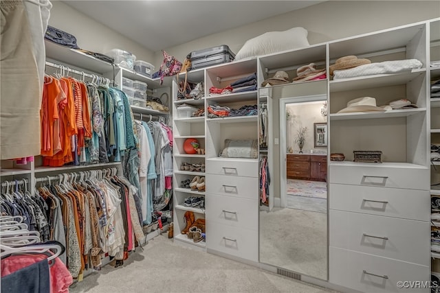 spacious closet featuring light carpet