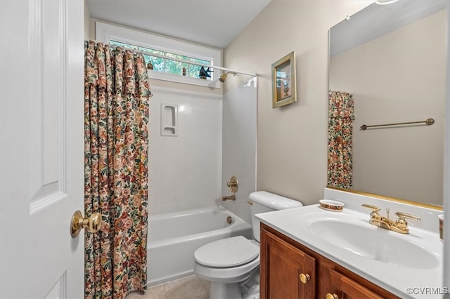 full bathroom with tile patterned floors, vanity, shower / bath combination with curtain, and toilet