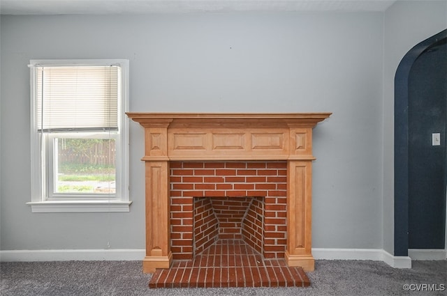 details with a fireplace and carpet flooring