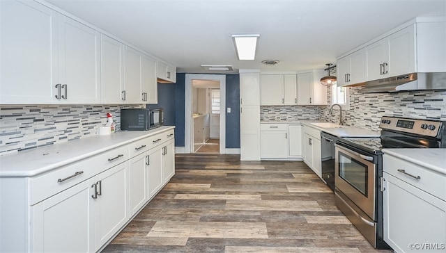 kitchen with white cabinets, sink, dark hardwood / wood-style flooring, and black appliances