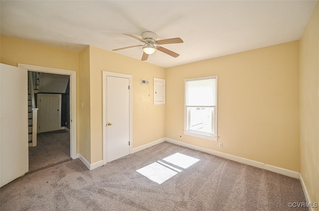 unfurnished bedroom with light carpet and ceiling fan