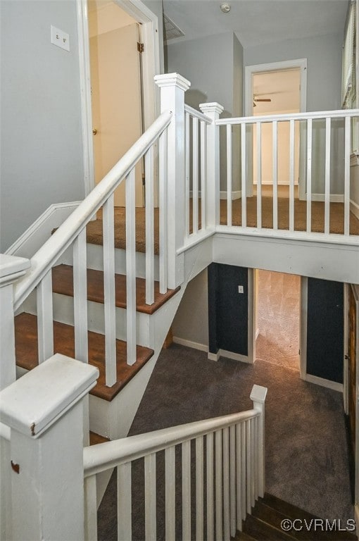 stairs featuring carpet floors