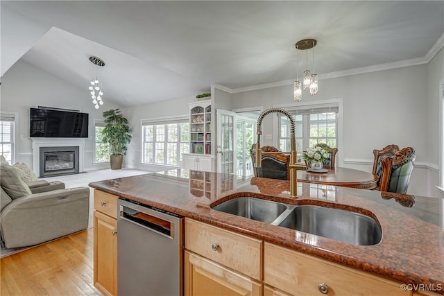 kitchen with a wealth of natural light, dishwasher, light hardwood / wood-style flooring, and sink