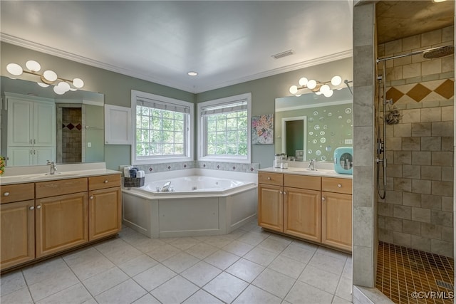 bathroom featuring tile patterned flooring, vanity, separate shower and tub, and ornamental molding