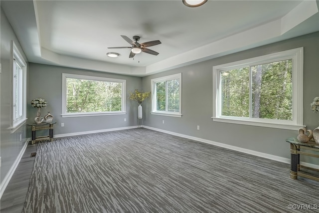 spare room with plenty of natural light, ceiling fan, and a raised ceiling