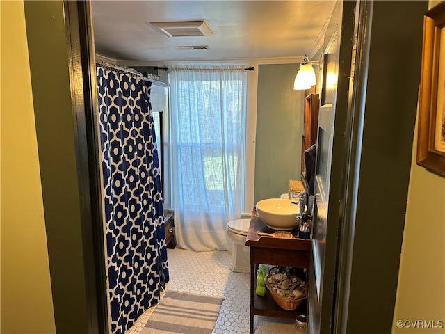 bathroom featuring ornamental molding, vanity, and toilet