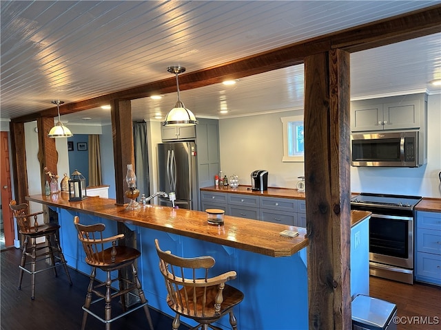 kitchen with butcher block countertops, stainless steel appliances, and hanging light fixtures