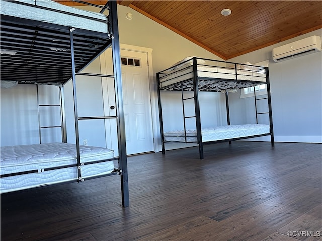 unfurnished bedroom with wooden ceiling, dark hardwood / wood-style floors, a wall mounted air conditioner, and lofted ceiling