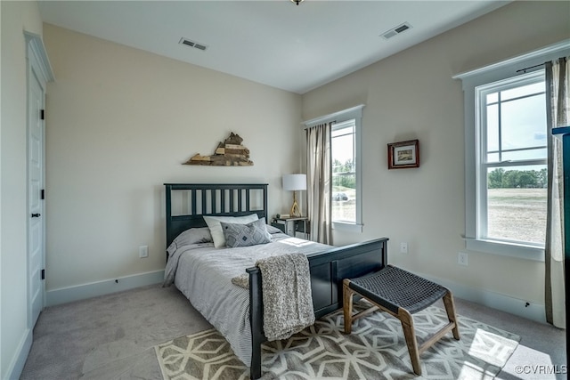 bedroom with multiple windows and light carpet