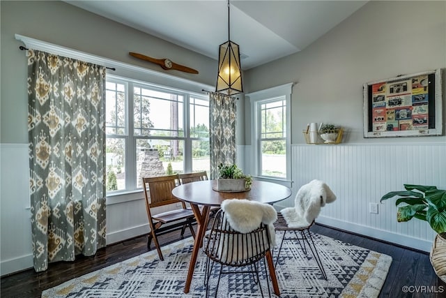 dining space with vaulted ceiling, dark hardwood / wood-style flooring, and a healthy amount of sunlight