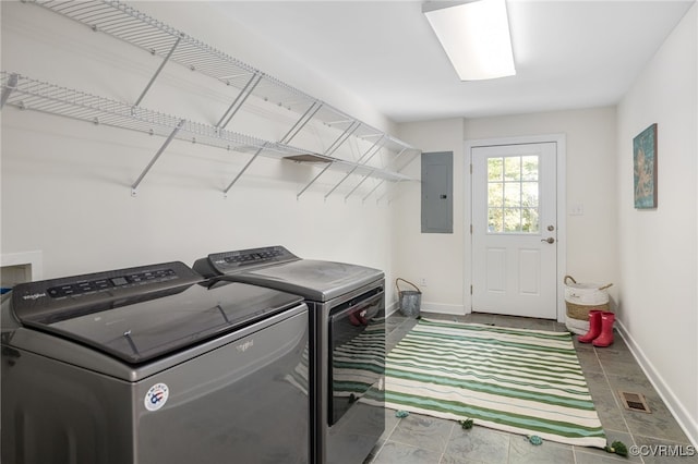 laundry area featuring electric panel and separate washer and dryer