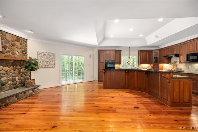 kitchen with plenty of natural light, light hardwood / wood-style floors, and black appliances