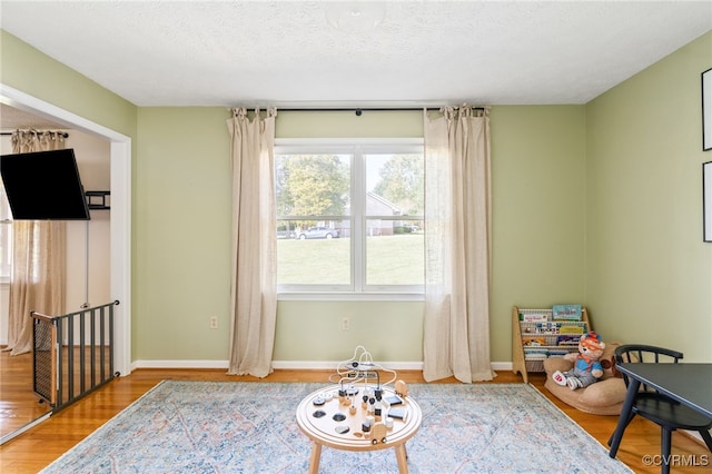 sitting room featuring a textured ceiling and hardwood / wood-style floors