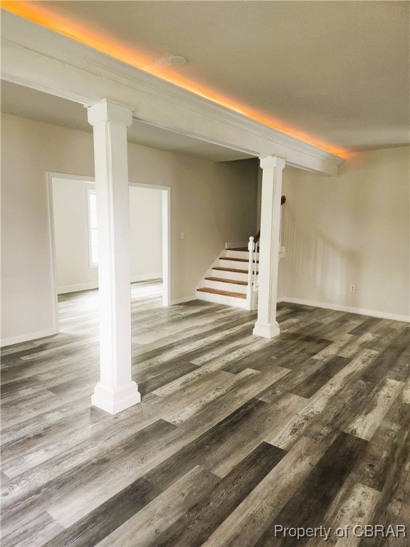 basement with dark wood-type flooring