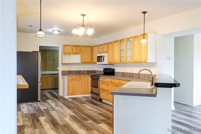 1934 Farley Park Rd, Middlesex, VA 23032 - kitchen with stainless steel appliances, a sink, a peninsula, and dark wood-style floors