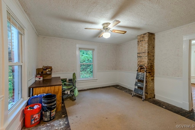 interior space with ornamental molding, ceiling fan, and a textured ceiling