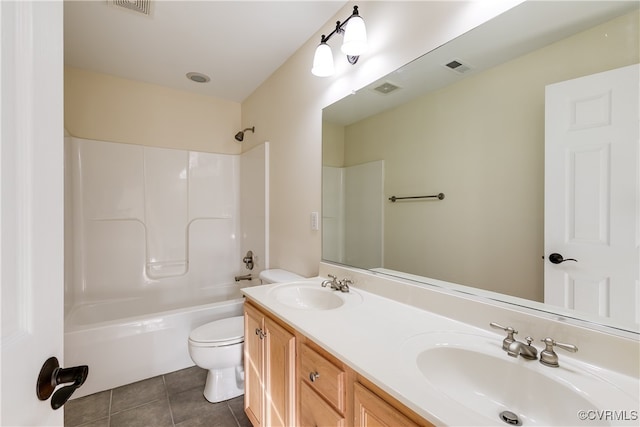 full bathroom with shower / tub combination, tile patterned flooring, vanity, and toilet