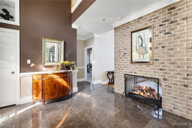 interior space with crown molding and a fireplace