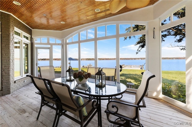 sunroom with wood ceiling, a water view, and ceiling fan