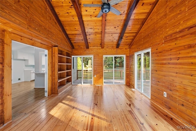 unfurnished living room with light hardwood / wood-style flooring, vaulted ceiling with beams, wooden ceiling, and wood walls