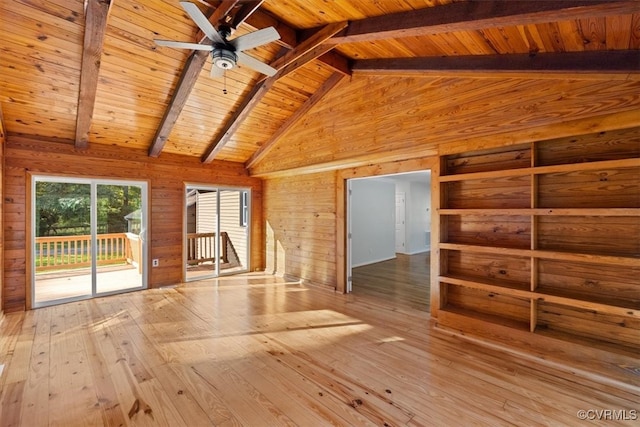 bonus room with light hardwood / wood-style flooring, beam ceiling, wooden walls, and wooden ceiling